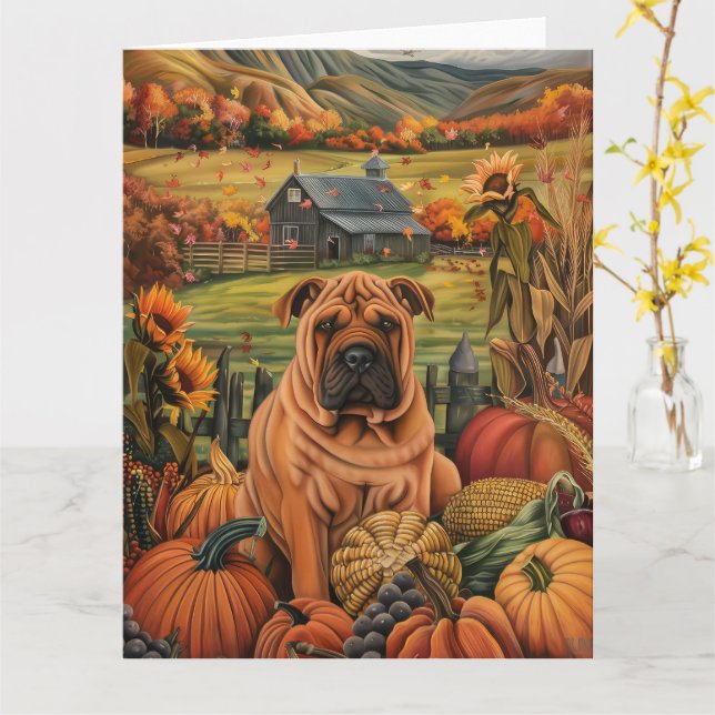 Shar Pei Hund Höstskörd Tacksägelse Kort (Gul blomma)