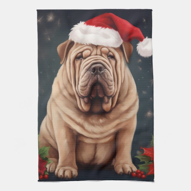 Shar Pei-hund i snö jul  Kökshandduk (Vertikal)