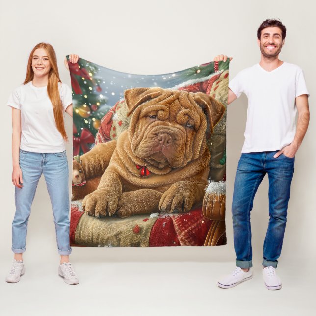Shar Pei Hund Jul Festlig Fleecefilt (På plats)