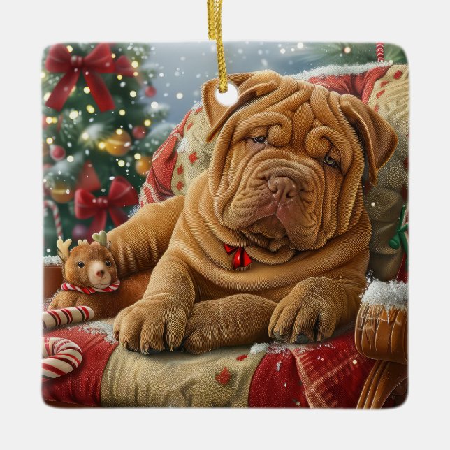 Shar Pei Hund Jul Festlig Julgransprydnad Keramik (Framsida)