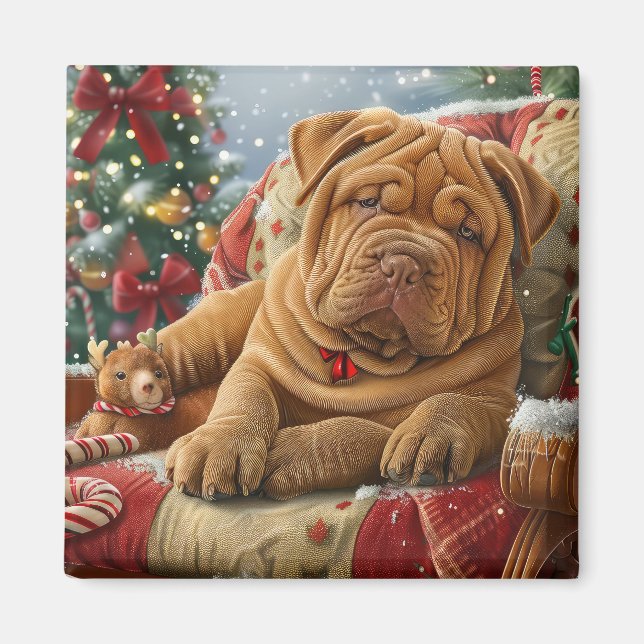 Shar Pei Hund Jul Festlig Magnet (Framsidan)