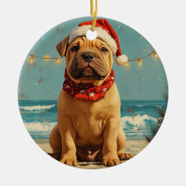 Shar Pei Hund Jul Vintage Strand Julgransprydnad Keramik (Framsidan)
