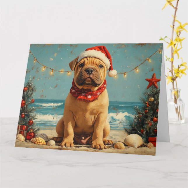 Shar Pei Hund Jul Vintage Strand Kort (Gul blomma)