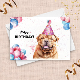 Shar Pei Hund med Balloons och Party Hat Birthday Kort