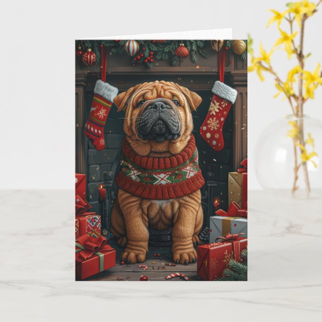 Shar Pei Hund Med Julpresenter Öppen Spis Kort (Gul blomma)