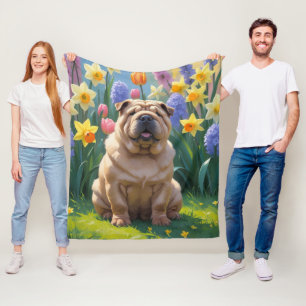 Shar Pei Hund Vårblommor Målning Fleecefilt
