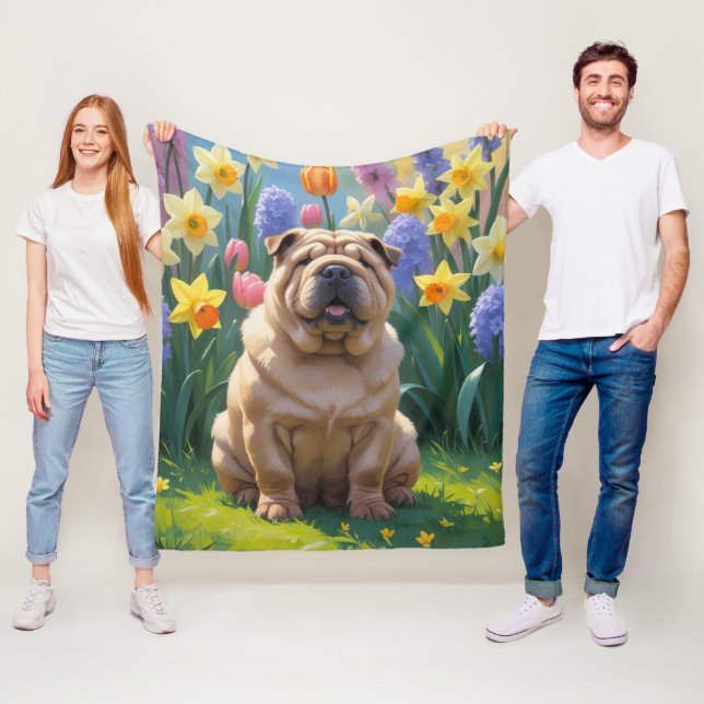 Shar Pei Hund Vårblommor Målning Fleecefilt (På plats)