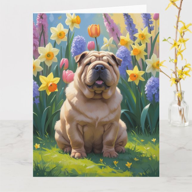 Shar Pei Hund Vårblommor Målning Kort (Gul blomma)