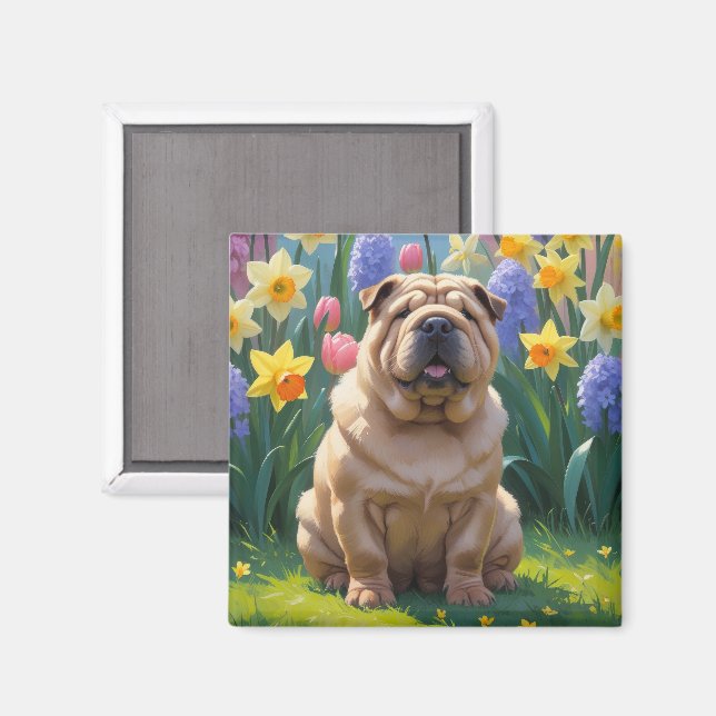 Shar Pei Hund Vårblommor Målning Magnet (Front/Back)