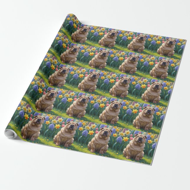 Shar Pei Hund Vårblommor Målning Presentpapper (Utrullad)
