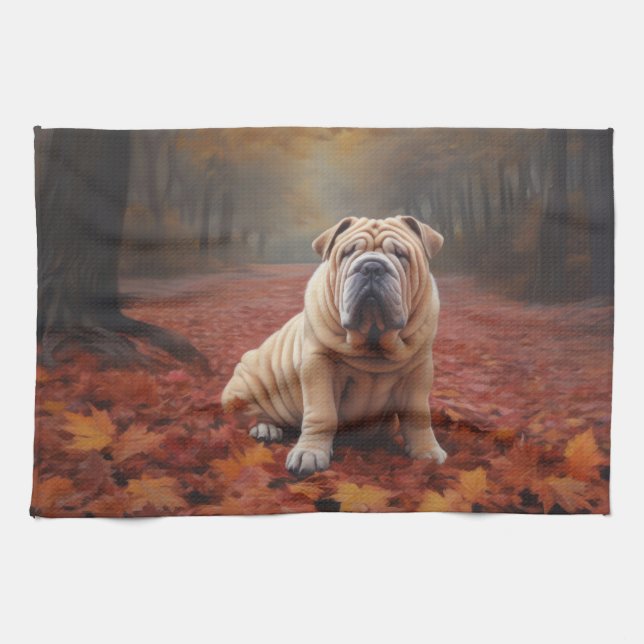 Shar Pei i Höst löv Fall Inspire Kökshandduk (Horisontell)