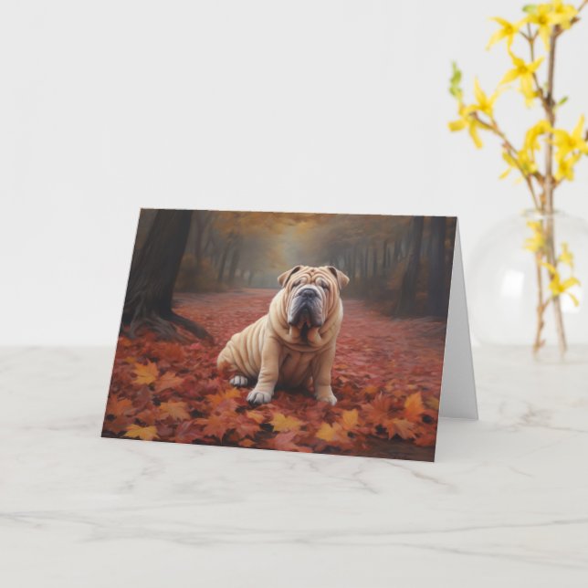 Shar Pei i Höst löv Fall Inspire Kort (Gul blomma)