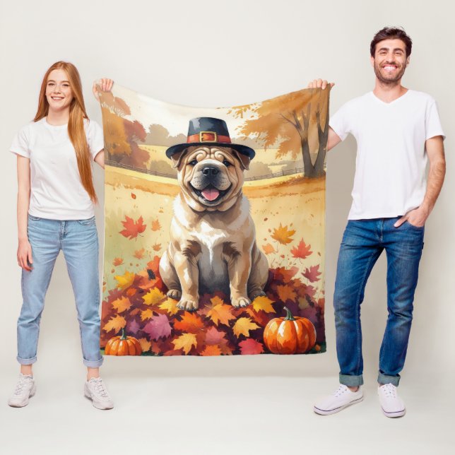 Shar Pei i höstlöv tackgivandekonst Fleecefilt (På plats)
