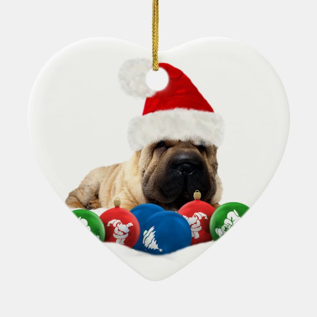 Shar Pei i prydnad för Santa hatthjärta Julgransprydnad Keramik (Baksidan)