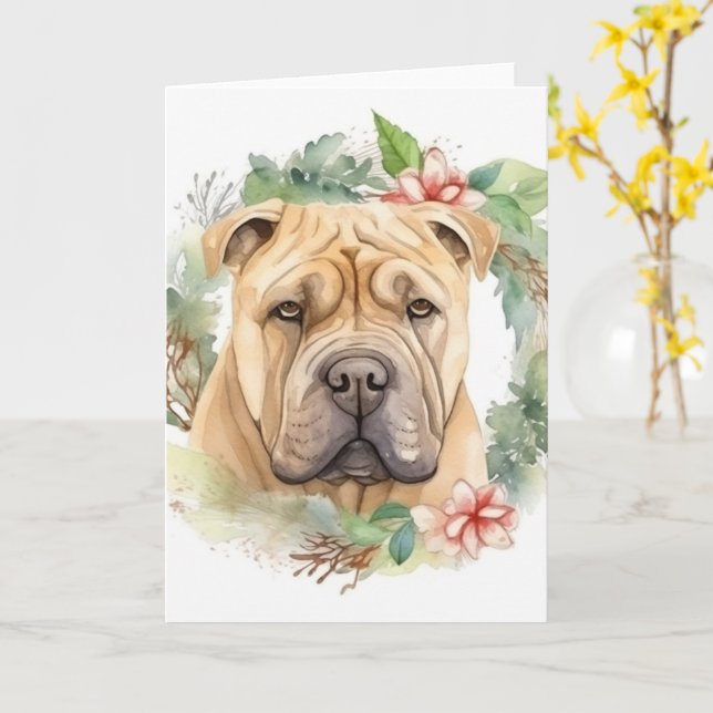 Shar Pei-julen Utandning Festive Valp Kort (Gul blomma)