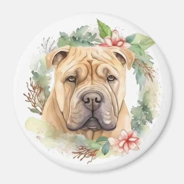 Shar Pei-julen Utandning Festive Valp Magnet (Framsidan)