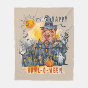 Shar pei Lycklig Howl-o-ween Ghost Houses Funny Fleecefilt
