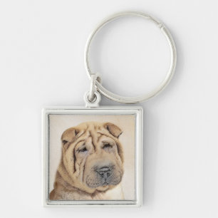 Shar Pei Painting - Cute Original Hund Art Fyrkantig Silverfärgad Nyckelring