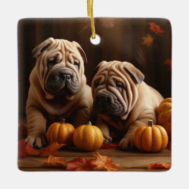 Shar Pei Puppy Autumn Delight Pumpkin Julgransprydnad Keramik (Framsida)