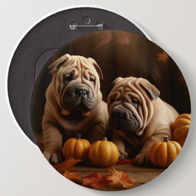Shar Pei Puppy Autumn Delight Pumpkin Knapp (Framsida & baksida)