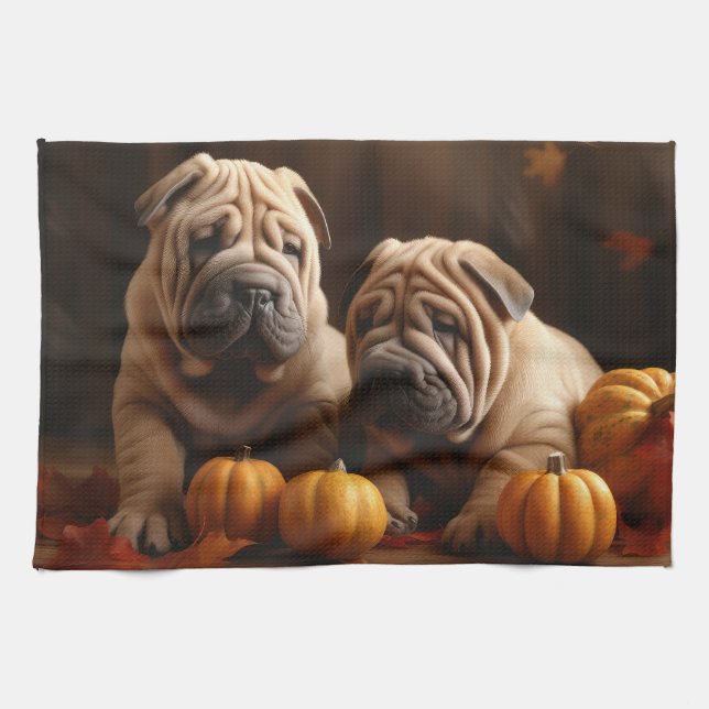 Shar Pei Puppy Autumn Delight Pumpkin Kökshandduk (Horisontell)