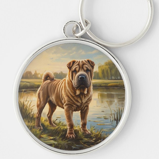 Shar Pei Rund Silverfärgad Nyckelring (Framsidan)