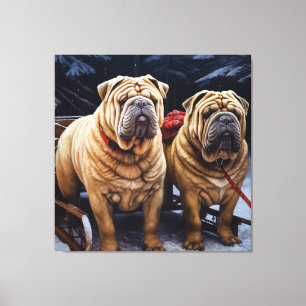 Shar Pei Snowy Sleigh-juldekalor Canvastryck