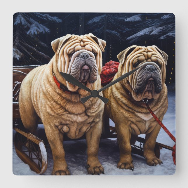 Shar Pei Snowy Sleigh-juldekalor Fyrkantig Klocka (Framsida)