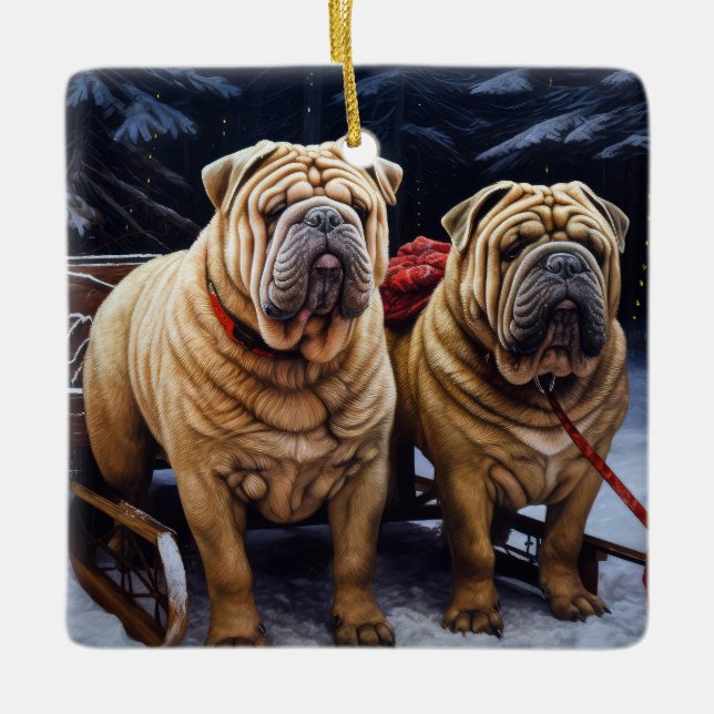 Shar Pei Snowy Sleigh-juldekalor Julgransprydnad Keramik (Framsida)