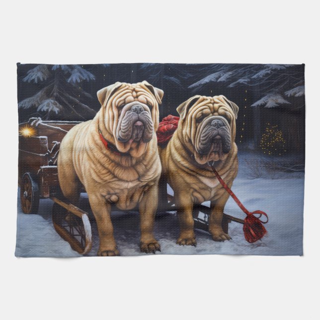 Shar Pei Snowy Sleigh-juldekalor Kökshandduk (Horisontell)