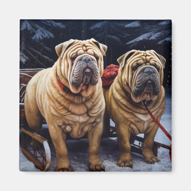 Shar Pei Snowy Sleigh-juldekalor Magnet (Framsidan)