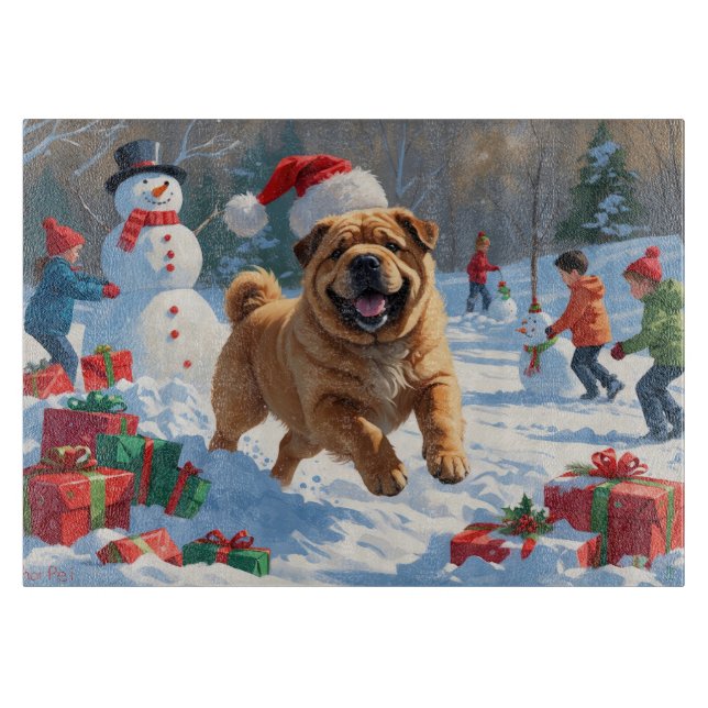 Shar Pei springer i snö med julhatt (Framsidan)