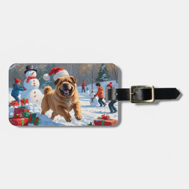 Shar Pei springer i snö med julhatt Bagagebricka (Horisontell Framsida)