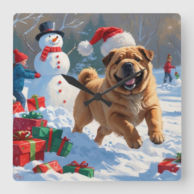 Shar Pei springer i snö med julhatt Fyrkantig Klocka (Framsida)