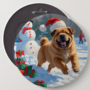 Shar Pei springer i snö med julhatt Knapp