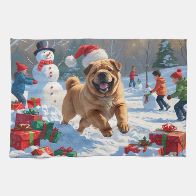 Shar Pei springer i snö med julhatt Kökshandduk (Horisontell)