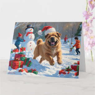 Shar Pei springer i snö med julhatt Kort