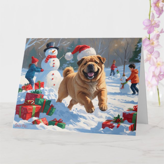 Shar Pei springer i snö med julhatt Kort (Orkide)