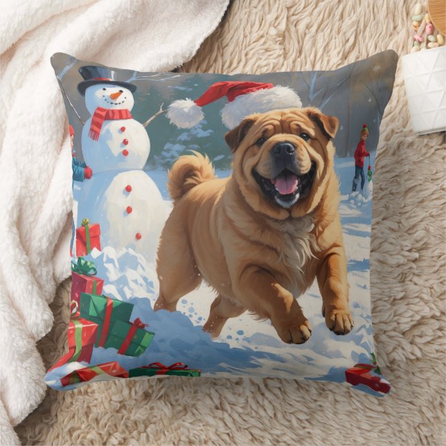 Shar Pei springer i snö med julhatt Kudde (Filt)