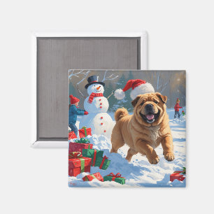 Shar Pei springer i snö med julhatt Magnet