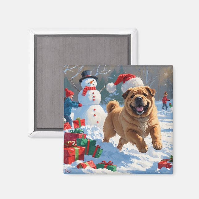 Shar Pei springer i snö med julhatt Magnet (Front/Back)
