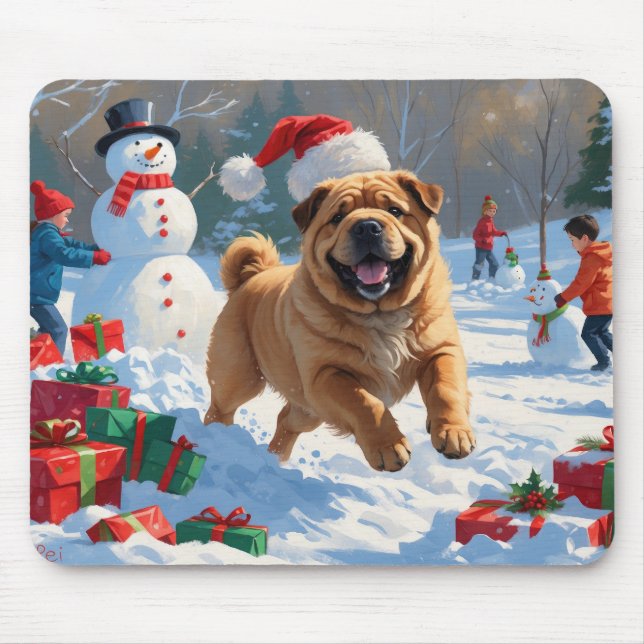 Shar Pei springer i snö med julhatt Musmatta (Framsidan)