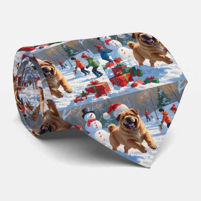 Shar Pei springer i snö med julhatt Slips (Rullad)