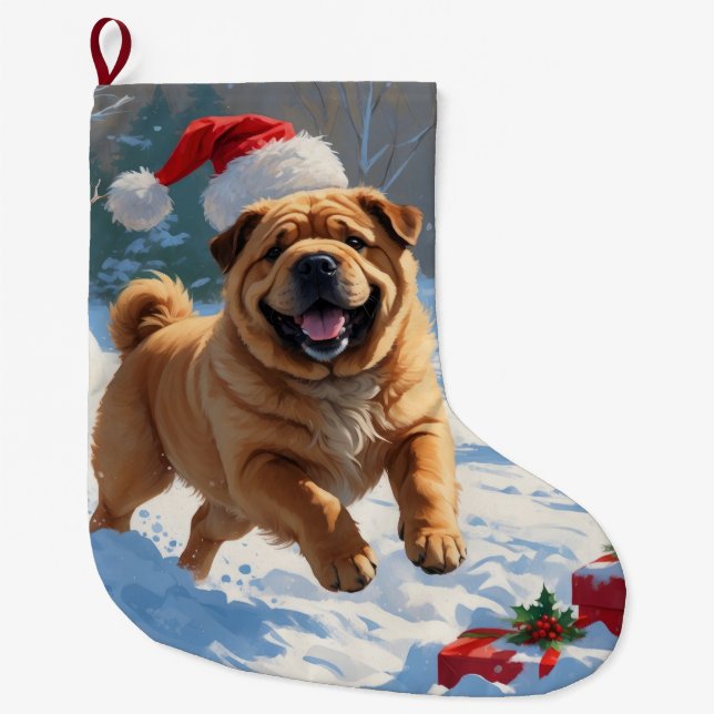 Shar Pei springer i snö med julhatt Stor Julstrumpa (Framsidan)