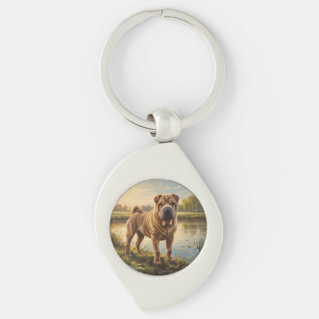 Shar Pei Swirl Silverfärgad Nyckelring (Framsidan)