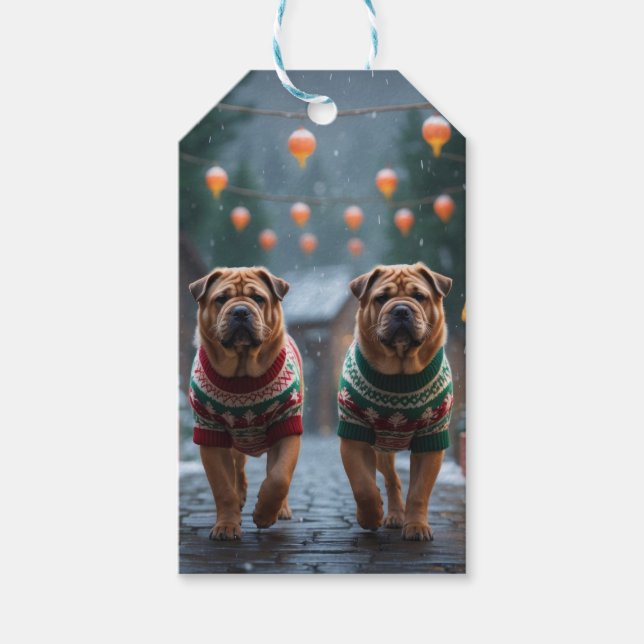 Shar Pei-valpar jul snö högtid Presentetikett (Framsidan)