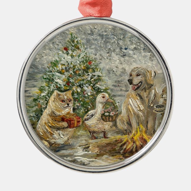 Shared Warmth Whimsical Farmhouse Animals Campfire Julgransprydnad Metall (Framsidan)