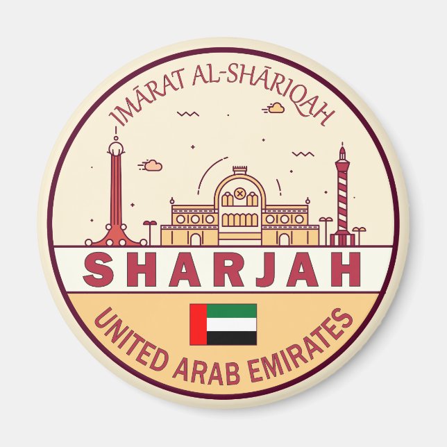 Sharjah Förenade Arabemiraten City Skyline Emblem Magnet (Framsidan)