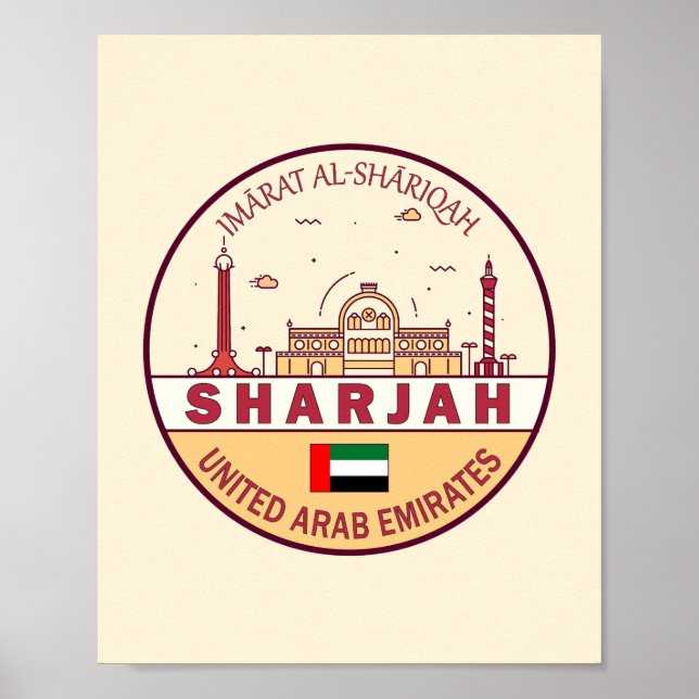 Sharjah Förenade Arabemiraten City Skyline Emblem Poster (Framsidan)