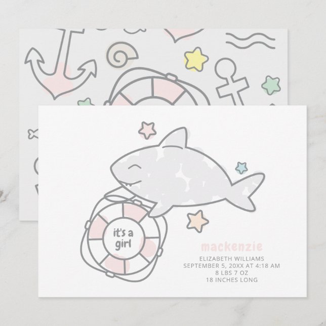 Shark Ahoy Flicka Birth Meddelande (Fram/baksida)